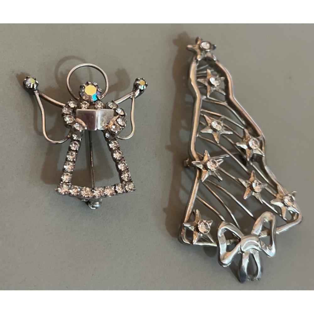 Vintage Lot of 2 Christmas Tree & Angel Brooch Pin Rhinestones Silver Tone 2.75"